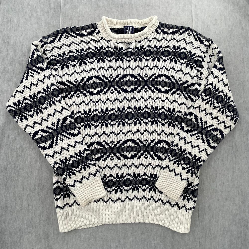 VINTAGE Gap Sweater Adult Medium Blue White Roll Neck Geometric Fair Isle Mens M